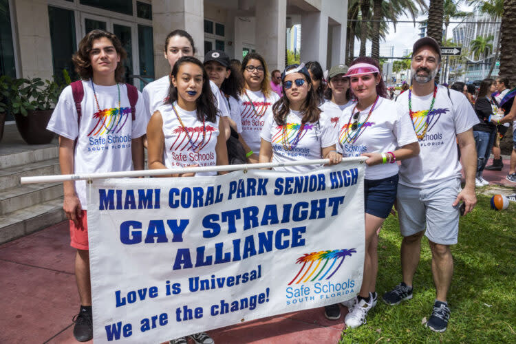 Miami Beach, Lummus Park, Beach Pride Festival, Gay Straight Alliance Students with banner. (Jeffrey Greenberg/Universal Images Group via Getty Images)