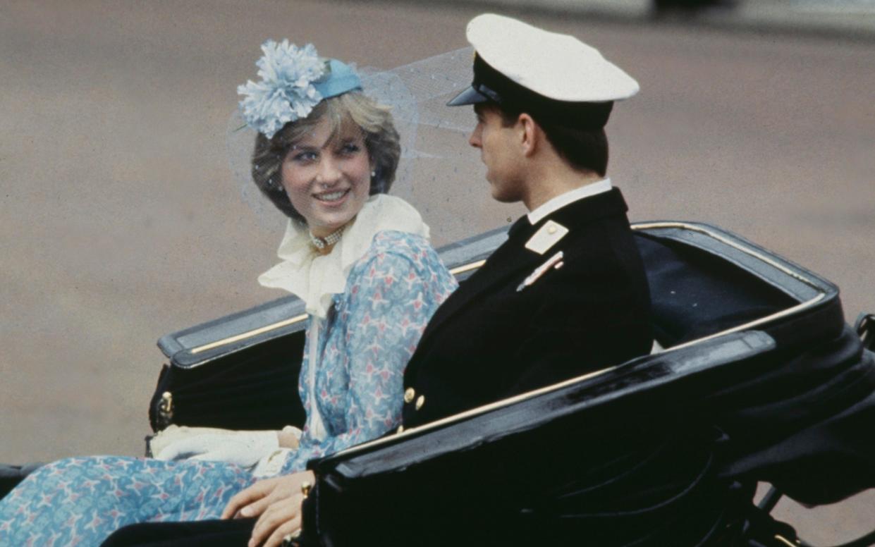 Diana, Princess of Wales, and Prince Andrew attend Trooping the Colour in 1981