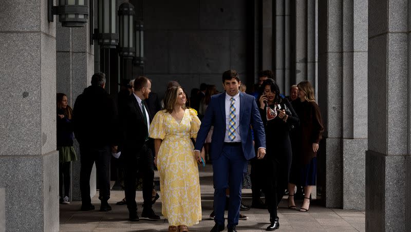 People leave the Conference Center in Salt Lake City after the Saturday morning session of the 193rd Annual General Conference of The Church of Jesus Christ of Latter-day Saints on Saturday, April 1, 2023.