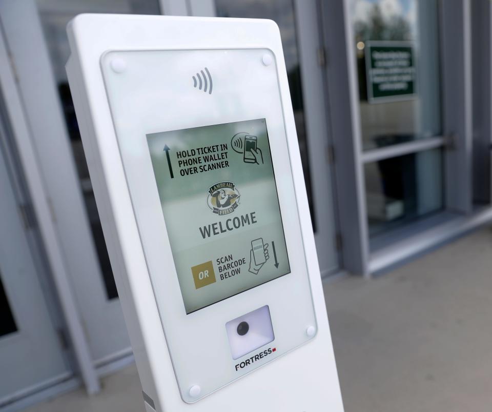 A pedestal-style ticket scanner outside Lambeau Field pictured on Aug. 1, 2022, in Green Bay, Wis.