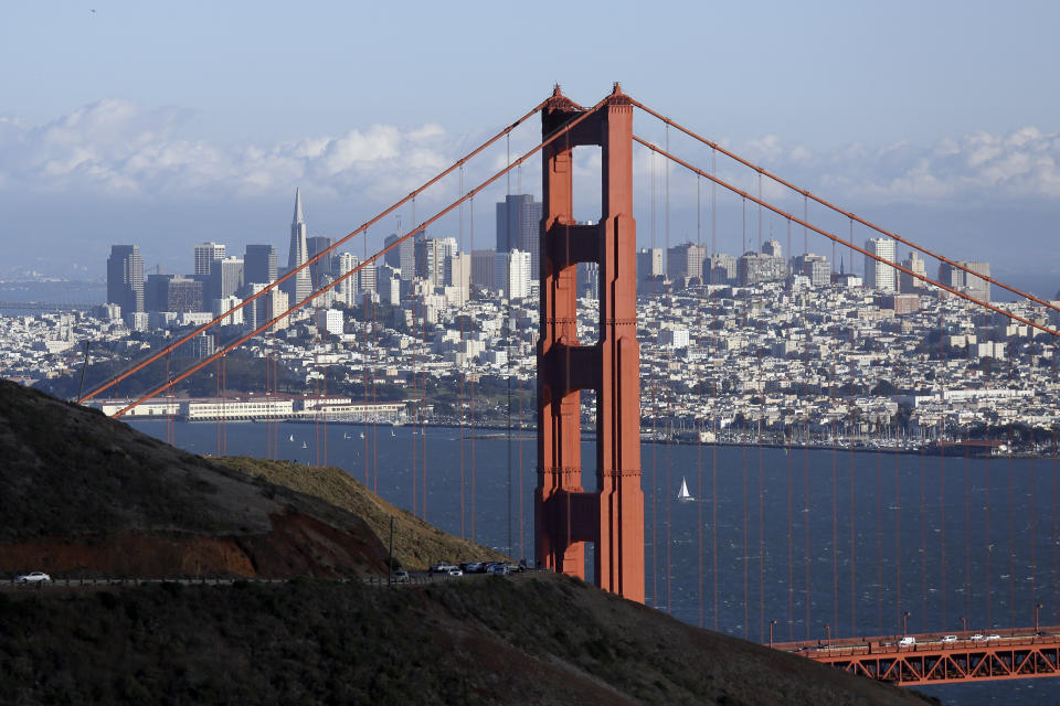 FILE — The Golden Gate Bridge and San Francisco skyline from the Marin Headlands above Sausalito, Calif. are shown in the photo, Oct. 28, 2015. New York City isn't the only place sinking. San Francisco is, too — putting considerable pressure on the ground and on active earthquake faults. (AP Photo/Eric Risberg, File)