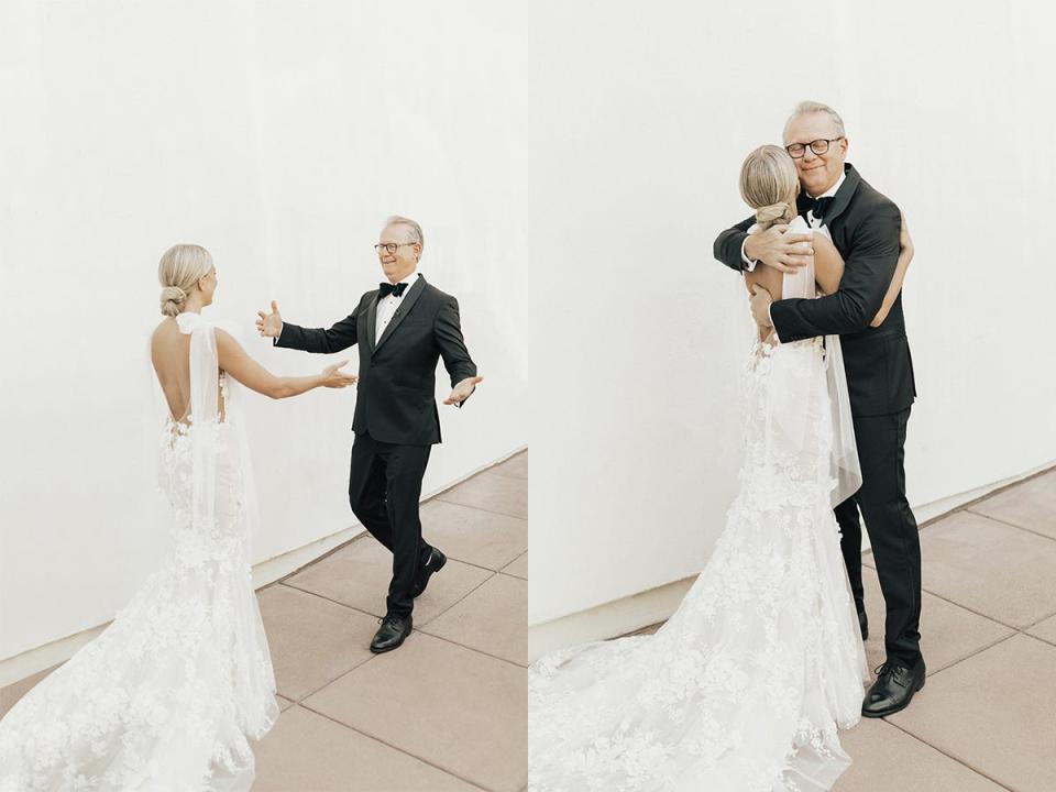 A side-by-side of a bride and her father reaching for each other and hugging.