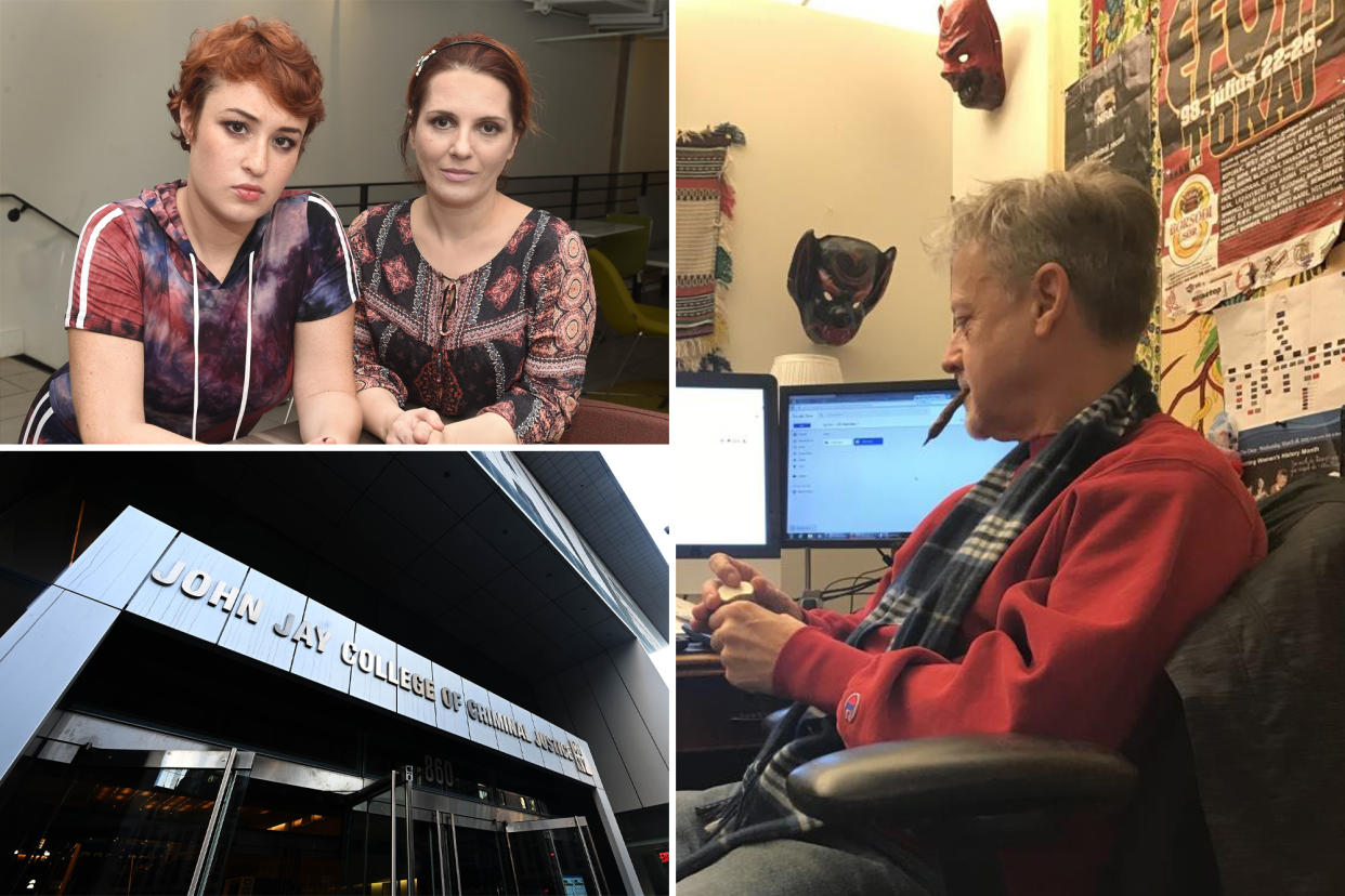 Naomi Haber and Claudia Cojocaru seated in a cafe; entranced to a John Jay College of Criminal Justice building; Ric Curtis seated in his office with a blunt in his mouth.