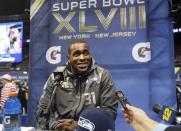 Seattle Seahawks strong safety Kam Chancellor answers reporters' questions during Media Day for Super Bowl XLVIII at the Prudential Center in Newark, New Jersey January 28, 2014. REUTERS/Shannon Stapleton