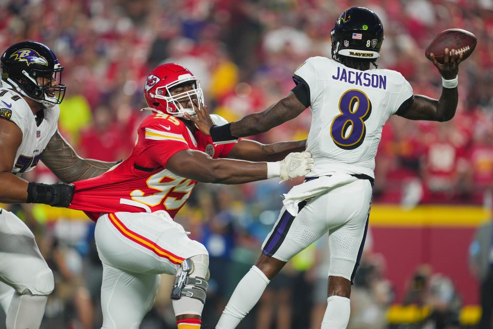 A Ravens offensive lineman resorted to pulling Chris Jones' jersey in hopes of keeping the Chiefs star passing rusher from sacking quarterback Lamar Jackson. Jones had five quarterback hurries and one sack in the victory over  the Ravens.