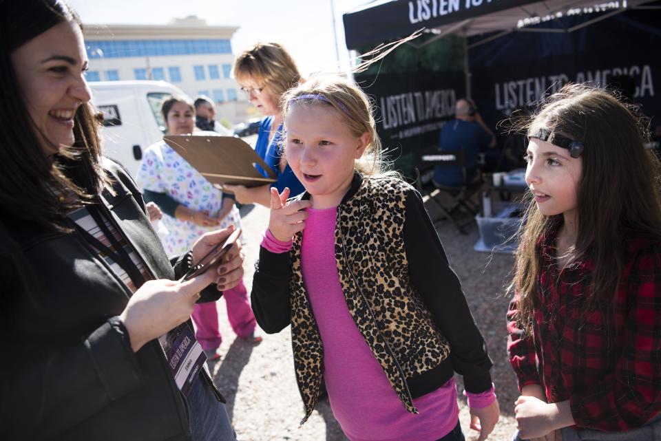 Emma Gray chats with Kaylee and Malia outside&nbsp;the Albuquerque Sign Language Academy.