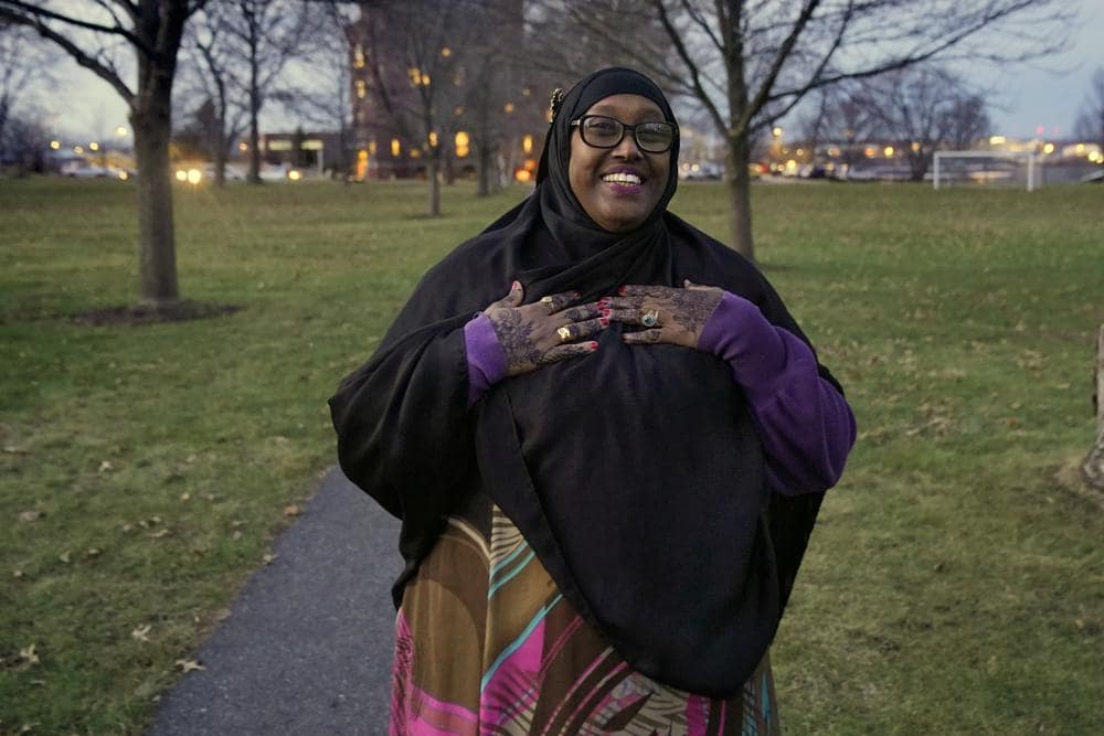 In this Dec. 7, 2021 photo, Deqa Dhalac, poses near her home after being elected mayor of South Portland, Maine. Dhalac, 54, who fled Mogadishu three decades ago, became the first Somali-American mayor in the United States. She is now seeking a seat in the Maine House. (AP Photo/Robert F. Bukaty, File)