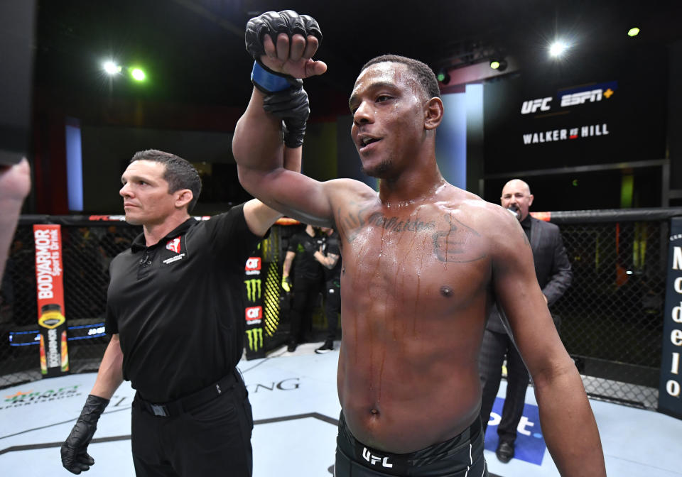 LAS VEGAS, NEVADA - FEBRUARY 19: Jamahal Hill reacts after his knockout victory over Johnny Walker of Brazil in their light heavyweight fight during the UFC Fight Night event at UFC APEX on February 19, 2022 in Las Vegas, Nevada. (Photo by Jeff Bottari/Zuffa LLC)