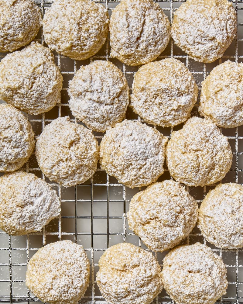 overhead shot of lemon cloud cookies on a cooling rack.