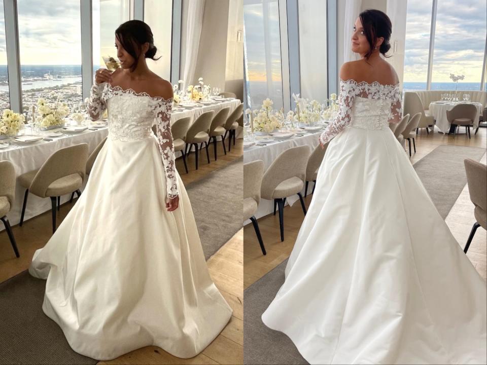 A side-by-side of a bride in an off-the-shoulder wedding dress.