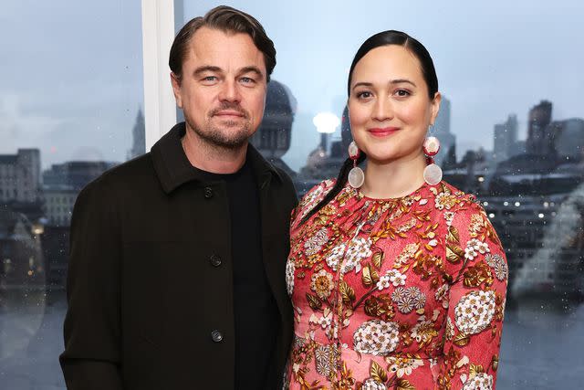 <p>Dave Benett/Getty Images</p> Leonardo DiCaprio and Lily Gladstone