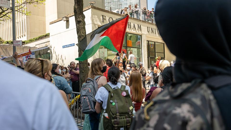 <div>Pro-Palestinian protesters gather outside Fordham's Lincoln Center campus after a group created an encampment inside the building on May 01, 2024 in New York City. (Photo by Spencer Platt/Getty Images)</div>