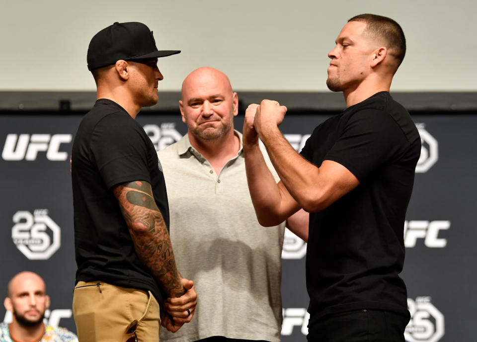 Dustin Poirier and Nate Diaz won’t fight at Madison Square Garden after a reported undisclosed injury to Poirier. (Getty)