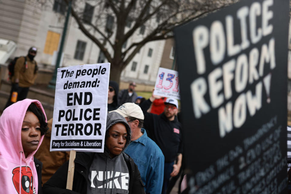 Demonstrators in Memphis protest on Jan. 28, after the death that month of Tyre Nichols. The release of video depicting the police beating of Nichols, 29, also sparked protests in other cities. (Photo by Joe Raedle/Getty Images)