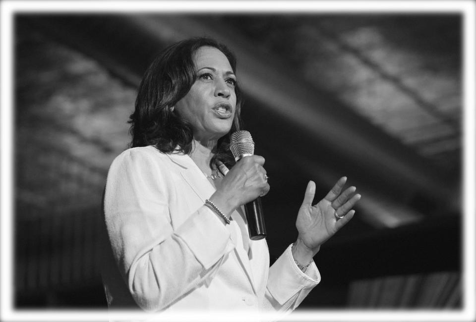 Sen. Kamala Harris, D-Calif., speaks at a campaign event in Burlington, Iowa on August 12. (Photo: John Locher/AP; digitally enhanced by Yahoo News)