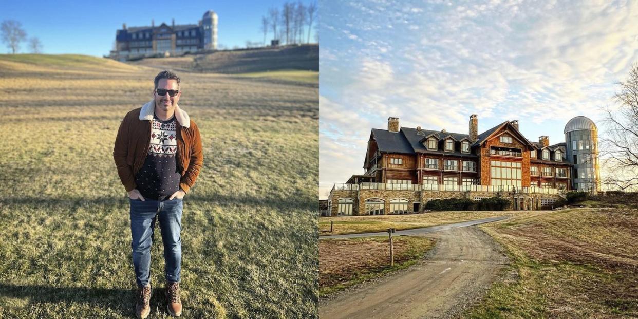 two up image of brian underwood, beauty director, in front of primland resort on the left side, and close up of the resort on the right side