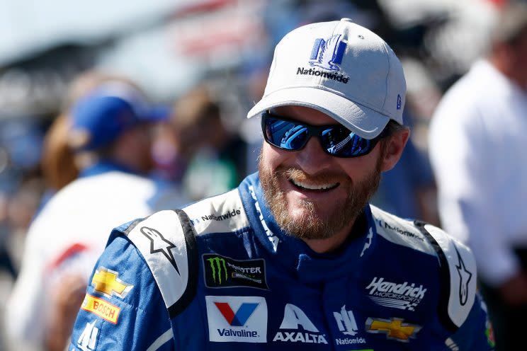 We’d be smiling too if we got to drive a car as good-looking as Junior’s Homestead car. (Getty)