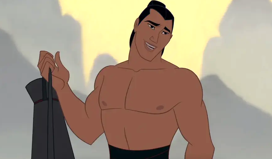Li Shang from Disney's Mulan smiling shirtless, holding a robe over his shoulder while standing against a mountainous background