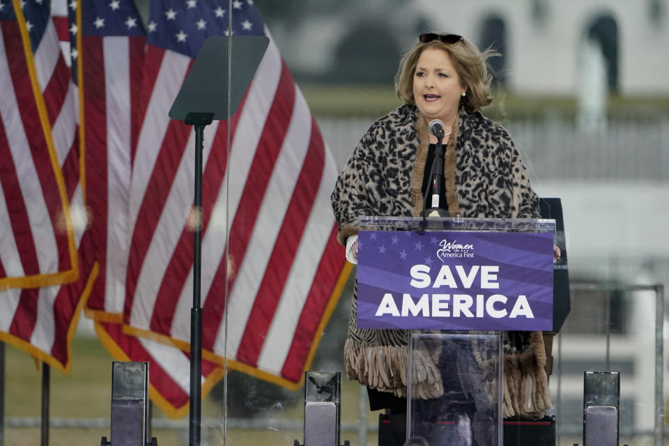 FILE - In this Wednesday, Jan. 6, 2021 file photo Amy Kremer, chairwoman of Women for America First, speaks in Washington, at a rally in support of President Donald Trump. The House committee investigating the violent Jan. 6 Capitol insurrection, with its latest round of subpoenas in September 2021, may uncover the degree to which former President Donald Trump, his campaign and White House were involved in planning the rally that preceded the riot, which had been billed as a grassroots demonstration. (AP Photo/Jacquelyn Martin, File)