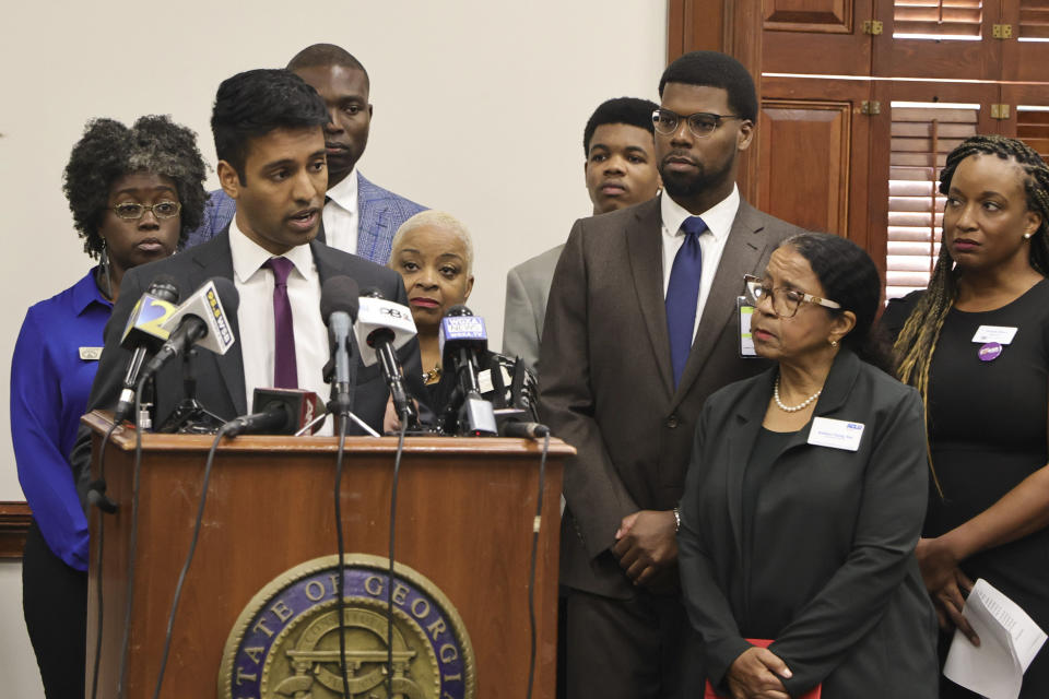 Rahul Garabadu, Senior Voting Rights Attorney at ACLU of Georgia speaks at a press conference alongside members of the Georgia Legislative Black Caucus, Wednesday, Nov. 29, 2023, at the Georgia Capitol in Atlanta. State lawmakers were ordered to redraw Georgia's legislative and congressional districts after a federal judge ruled some illegally diluted Black voting strength. (Natrice Miller/Atlanta Journal-Constitution via AP)