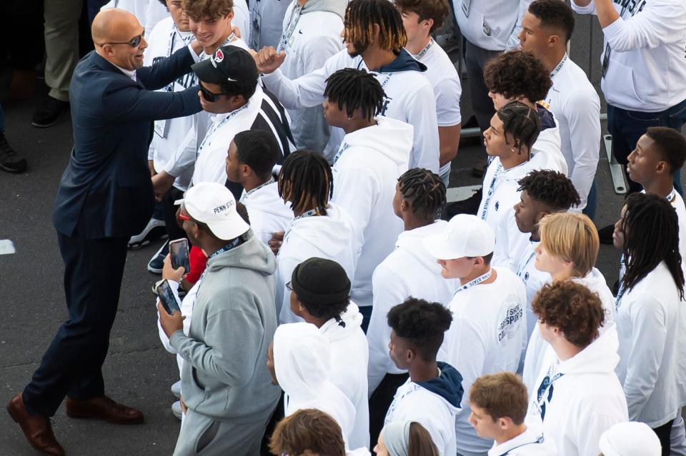 Penn State football head coach James Franklin greets recruits outside Beaver Stadium before the Nittany Lions' White Out game against Minnesota on Saturday, Oct. 22, 2022, in State College.