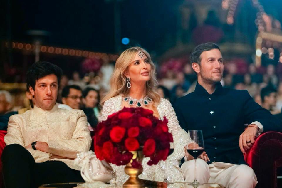 Ivanka Trump, center, and husband Jared Kushner, right, attending a pre-wedding bash of billionaire industrialist Mukesh Ambani's son Anant Ambani in Jamnagar, India, Saturday, Mar. 02, 2024.