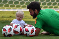 <p>Brazil’s goalkeeper Alisson is seen with his daughter Helena during a training session at the Yug Sport Stadium in Sochi, on July 3, 2018, ahead of the Russia 2018 World Cup quarter-final football match between Brazil and Belgium on July 6. (Photo by NELSON ALMEIDA / AFP) </p>