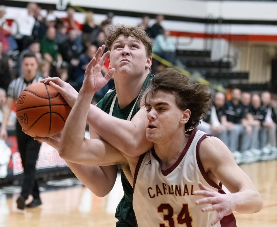 Cardinal Mooney’s Will Desmond guards Central Catholic’s Jonathan Stangl during a regional semifinal, Wednesday, March 13, 2024, at the Field House.