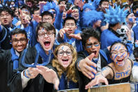 Duke student fans cheer before an NCAA college basketball game against North Carolina, Saturday, Feb. 4, 2023, in Durham, N.C. (AP Photo/Jacob Kupferman)