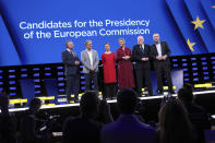 FILE - In this Wednesday, May 15, 2019 file photo, from left, Czech Republic's Jan Zahradil, Spain's Nico Cue, Germany's Ska Keller, Denmark's Margrethe Vestager, Netherland's Frans Timmermans and Germany's Manfred Weber pose on stage prior to a debate of the candidates to the presidency of the Commission at the European Parliament in Brussels. The European Parliament elections have never been so hotly anticipated or contested, with many predicting that this year’s ballot will mark a coming-of-age moment for the euroskeptic far-right movement. The elections start Thursday May 23, 2019 and run through Sunday May 26 and are taking place in all of the European Union’s 28 nations. (AP Photo/Francisco Seco, File)