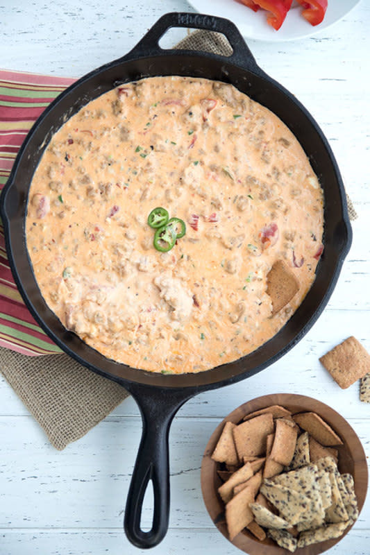 <p>All Day I Dream About Food</p><p>This cheesy-meaty-creamy dip takes only 5 ingredients and 25 minutes to make...and 5 seconds to devour. </p><p><strong>Get the recipe: </strong><a href="https://alldayidreamaboutfood.com/keto-cheesy-sausage-dip/" rel="nofollow noopener" target="_blank" data-ylk="slk:Cheesy Sausage Dip;elm:context_link;itc:0;sec:content-canvas" class="link "><strong>Cheesy Sausage Dip</strong></a></p>