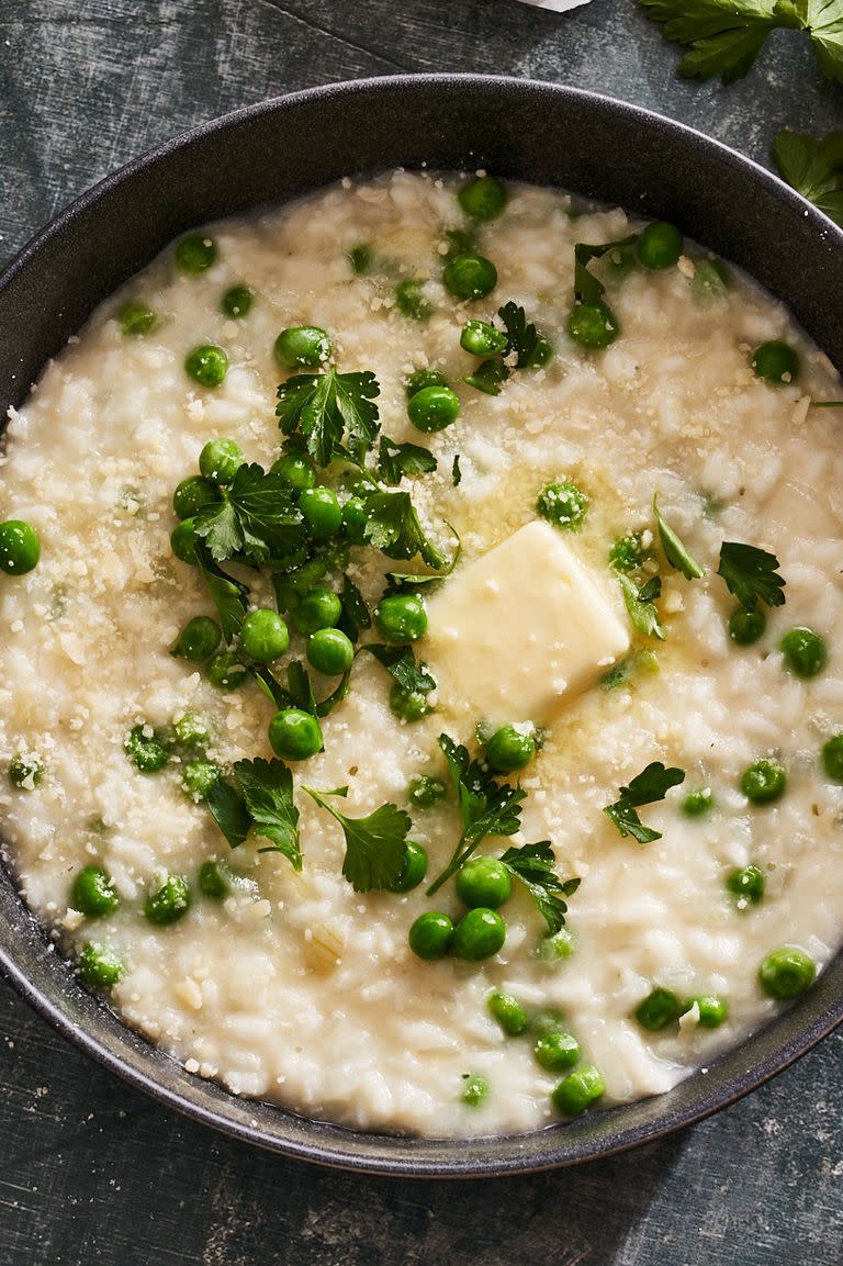 baked risotto with lemon, peas parmesan