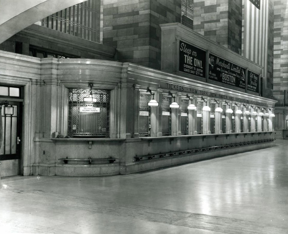 Main Concourse ticket windows, southeast bank, date unknown. (Courtesy of MTA/Metro-North Railroad)