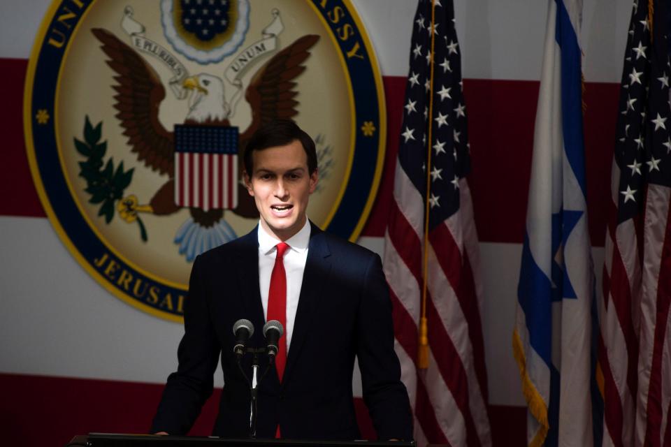 Senior White House Advisor Jared Kushner speaks on stage during the opening of the US embassy in Jerusalem on May 14, 2018 in Jerusalem, Israel.