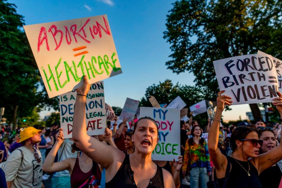 PHOTO: In this June 25, 2022 file photo, protesters gather in the wake of the decision overturning Roe v. Wade outside the U.S. Supreme Court, in Washington. (Tasos Katopodis/Getty Images, FILE)