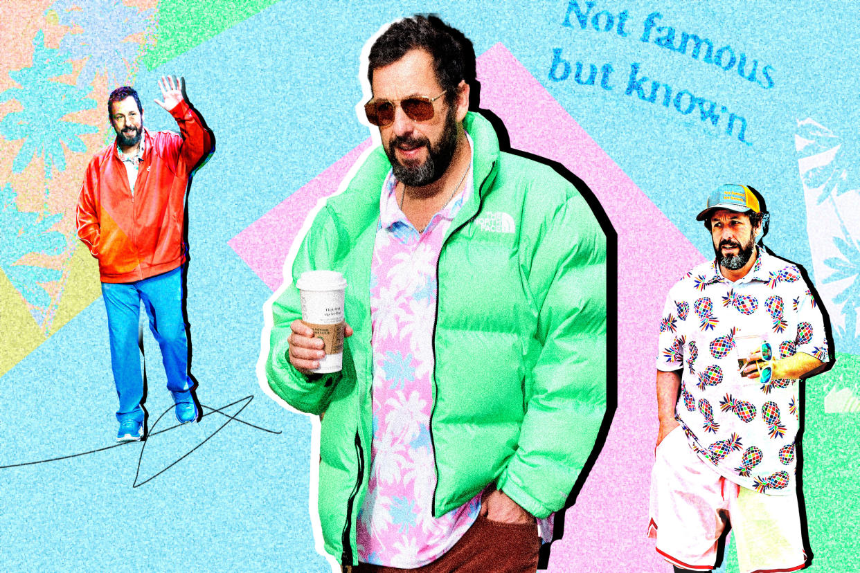 Adam Sandler's bold individualism in styling has resonated with fans and created a wave of people imitating his unique wardrobe, including characters from his movies. (Photo illustration: Yahoo News; photo: Getty Images)