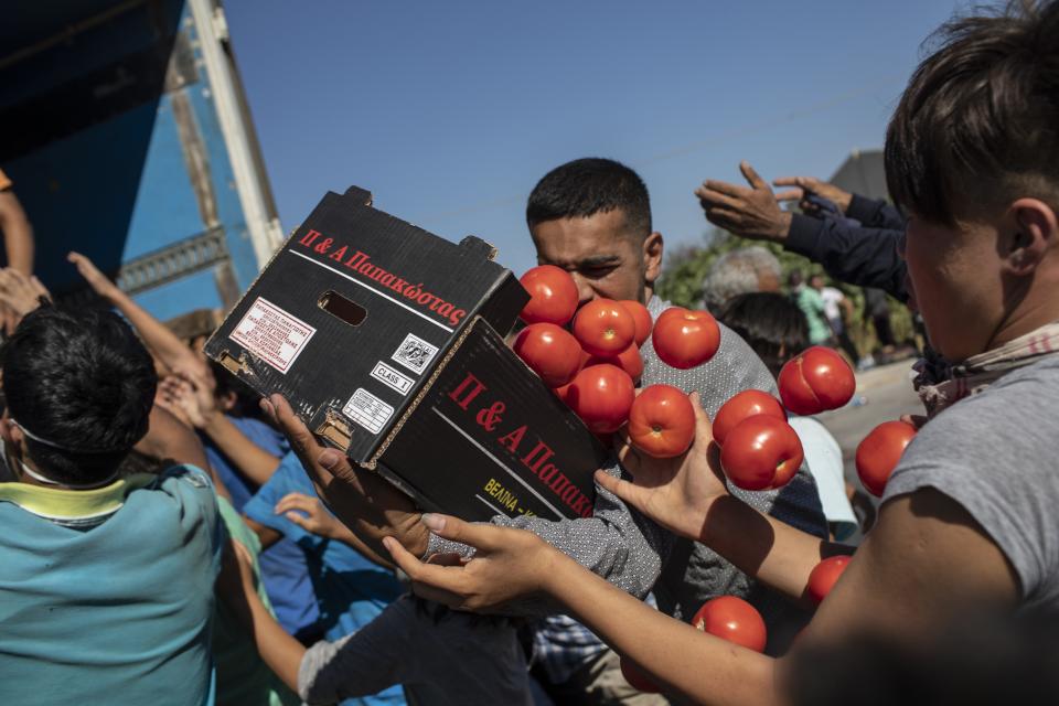 Migrants argue for a crate of tomatoes during a food distribution on the northeastern island of Lesbos, Greece, Thursday, Sept. 10, 2020. Little remained of Greece's notoriously overcrowded Moria refugee camp Thursday after a second fire overnight destroyed nearly everything that had been spared in the original blaze, leaving thousands more people in need of emergency housing. (AP Photo/Petros Giannakouris)