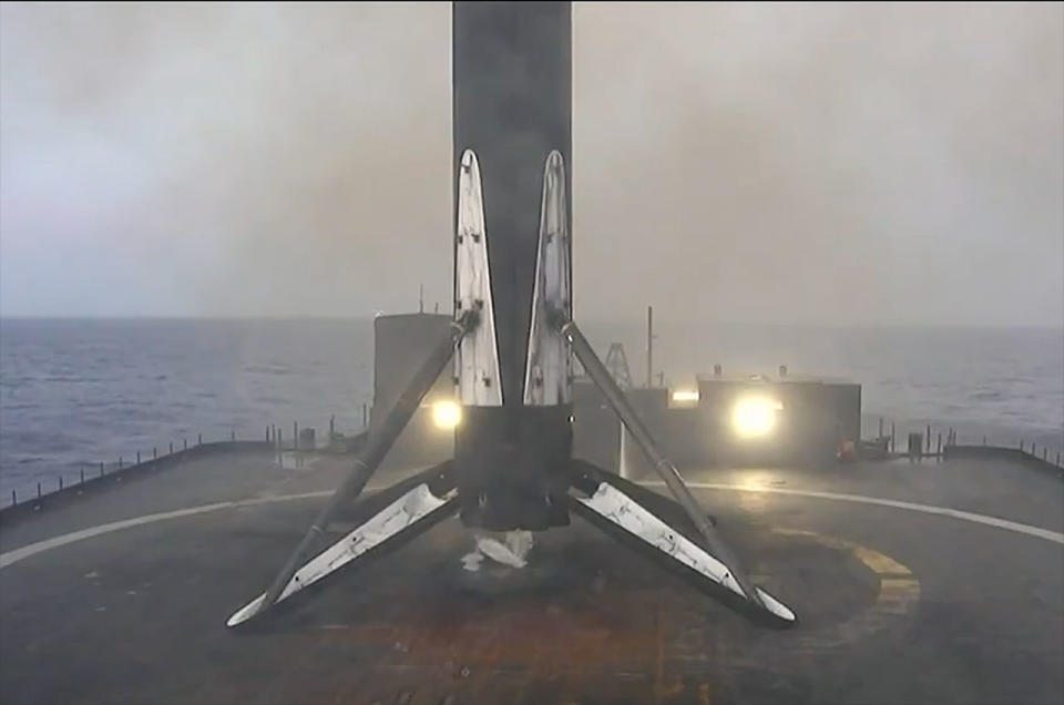 The first stage of a SpaceX Falcon 9 rocket lands on the droneship 