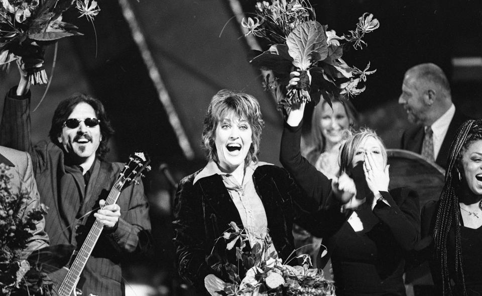 Katrina and The Waves winning the Eurovision Song Contest at The Point Depot, Dublin, 02/05/1997. (Photo by Independent News and Media/Getty Images)