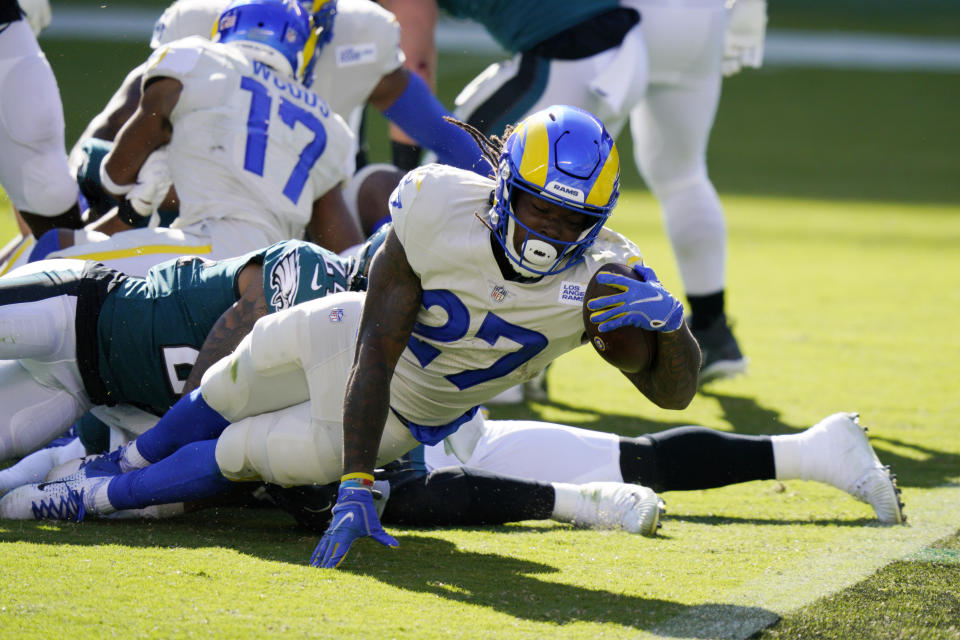 Los Angeles Rams' Darrell Henderson scores a touchdown during the second half of an NFL football game against the Philadelphia Eagles, Sunday, Sept. 20, 2020, in Philadelphia. (AP Photo/Chris Szagola)