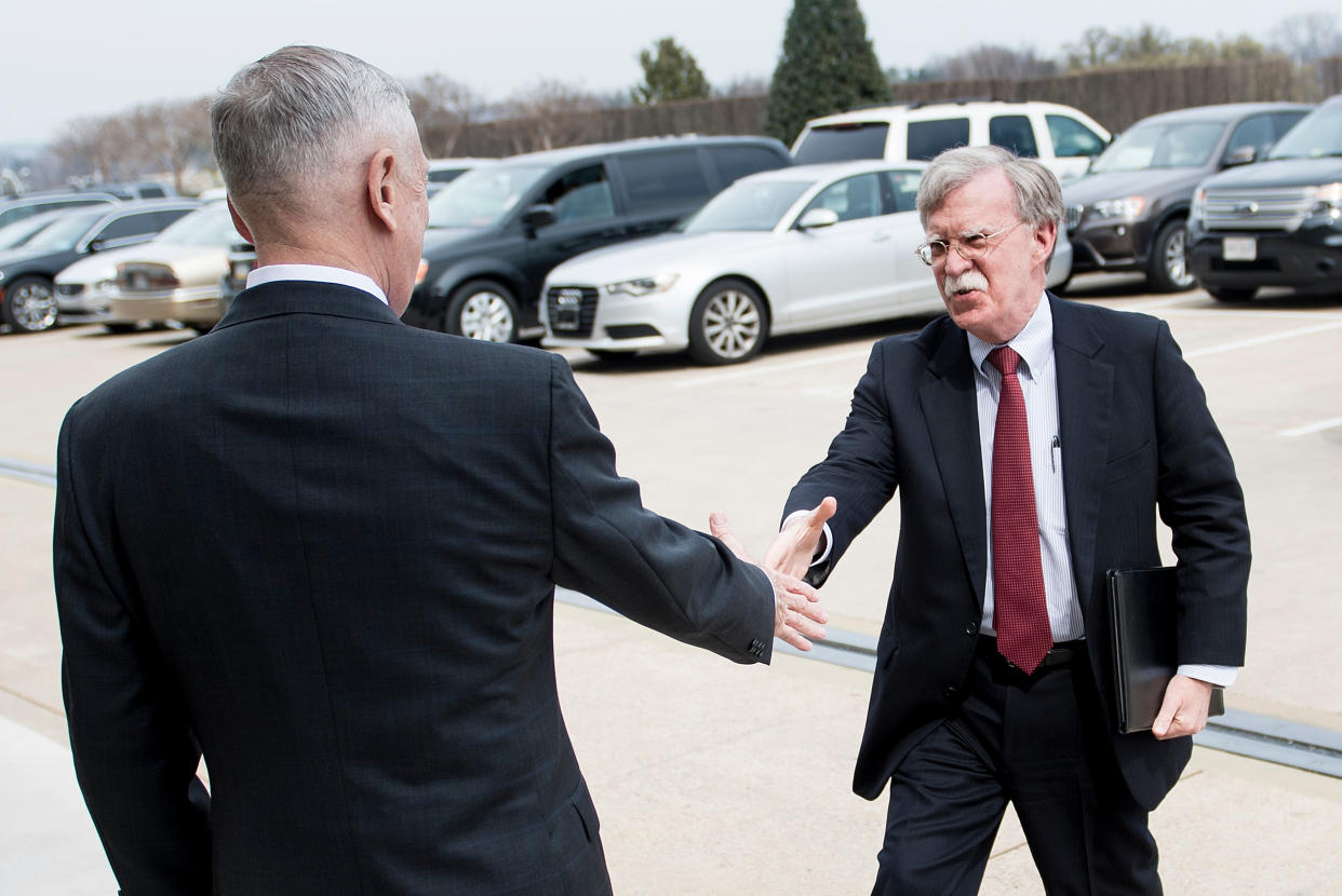 Secretary of Defense&nbsp;Jim Mattis, left, greets incoming national security adviser John Bolton outside the Pentagon on March 29. Bolton's new&nbsp;deputy had been a thorn in Mattis' side when he was filling out his staff. (Photo: BRENDAN SMIALOWSKI via Getty Images)