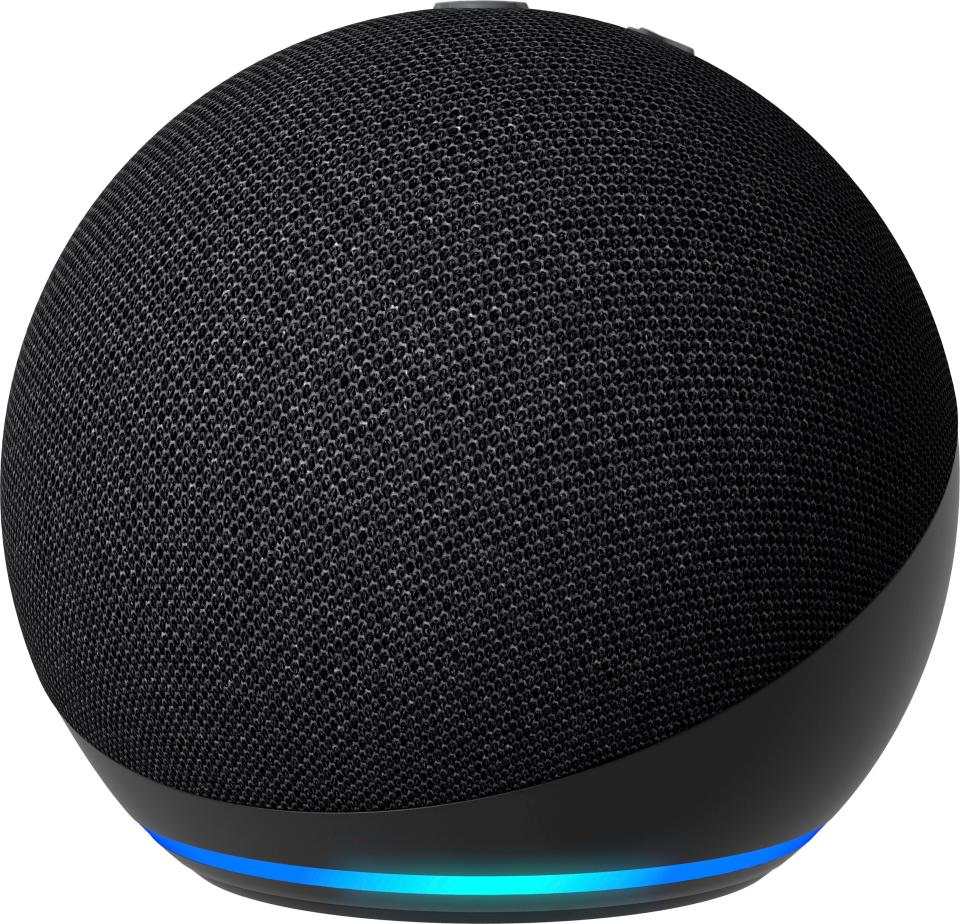 Amazon Echo Dot (5th Gen, 2022 Release) Smart Speaker with Alexa against white background with LED ring light on.