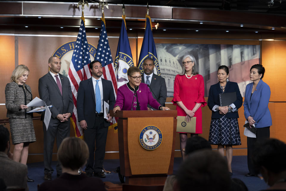Members of the Congressional Tri-Caucus speaks to reporters to discuss the 2020 Census and the concern for getting an accurate count in minority communities, on Capitol Hill in Washington, Thursday, March 5, 2020. From left are Rep. Carolyn Maloney, D-N.Y., chair of the House Oversight Committee, House Democratic Caucus Chair Hakeem Jeffries, D-N.Y., Rep. Joaquin Castro, D-Texas, chair of the Congressional Hispanic Caucus, Rep. Karen Bass, D-Calif., chair of the Congressional Black Caucus, Rep. Steven Horsford, D-Nev., chair of the 2020 Census Task Force for the CBC, House Democratic Caucus Vice Chair Katherine Clark, D-Mass., Rep. Deb Haaland, D-N.M., Native American Caucus co-chair, and Rep. Judy Chu, D-Calif., chair of the Congressional Asian Pacific American Caucus. (AP Photo/J. Scott Applewhite)