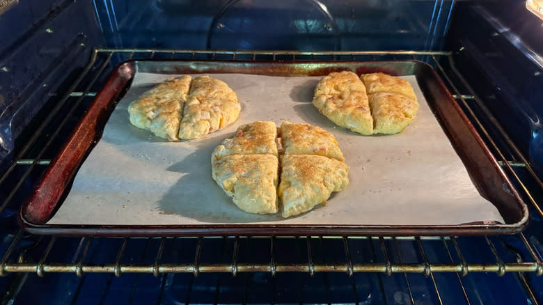 Peaches and cream scones baking in oven