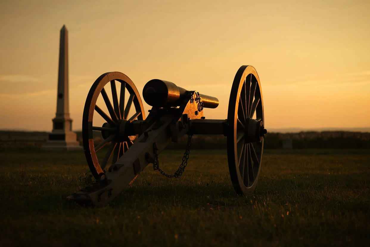 FILE - A 10-pounder Parrott rifle is part of the monument to Battery B of the 1st New York Light Artillery at the Gettysburg National Military Park on August 11, 2020 in Gettysburg, Pennsylvania. (Photo by Chip Somodevilla/Getty Images)