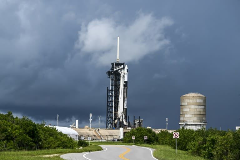 A SpaceX Falcon 9 rocket with the Crew Dragon Resilience capsule sits on Launch Complex 39A at Kennedy Space Center ahead of the Polaris Dawn Mission in Cape Canaveral, Florida (CHANDAN KHANNA)