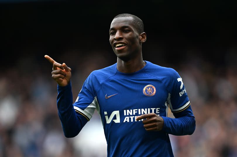 Nicolas Jackson of Chelsea celebrates scoring his team's fifth goal during the Premier League match between Chelsea FC and West Ham United at Stamford Bridge on May 05, 2024 in London, England.