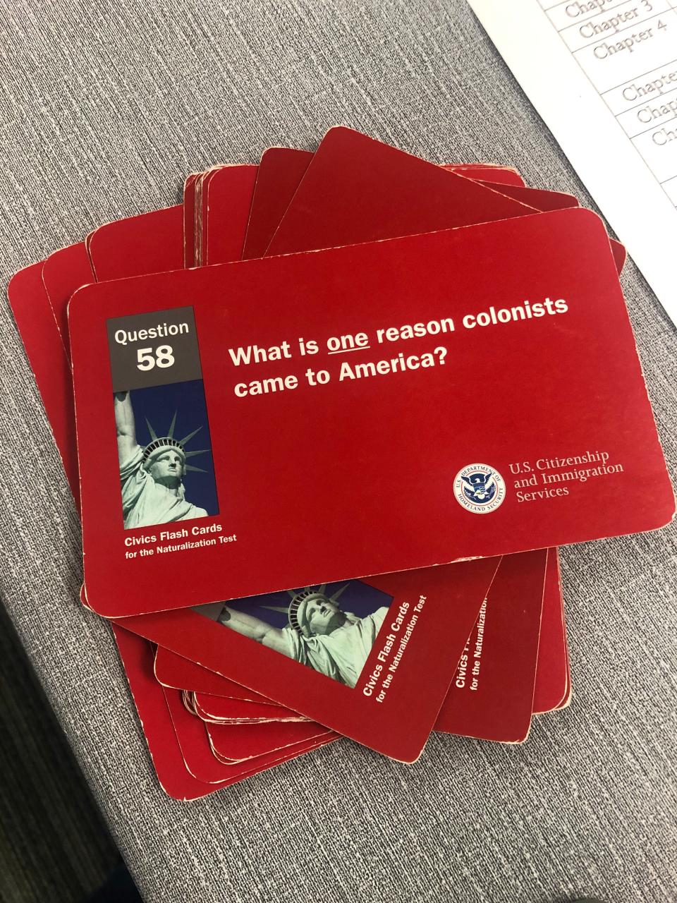 A stack of citizenship flash cards is ready for the next student at La Casa de Amistad in South Bend. The cards are used to prepare resident aliens for the U.S. citizenship test. La Casa offers three, 10-week courses a year to help people prepare for it.