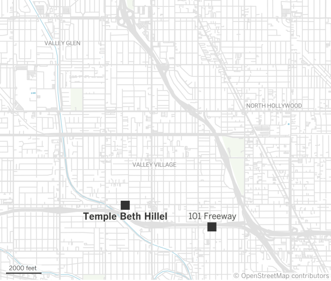 Map showing location of synagogue in Valley Village where mayoral candidate forum was held