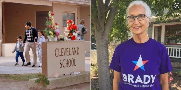 A man and two students at Cleveland Elementary School in Stockton on Jan. 17, 1989, after a gunman killed five children and injured 30 others before turning the gun on himself. On the right, Julie Schardt, who was a second grade teacher at the school at the time. 